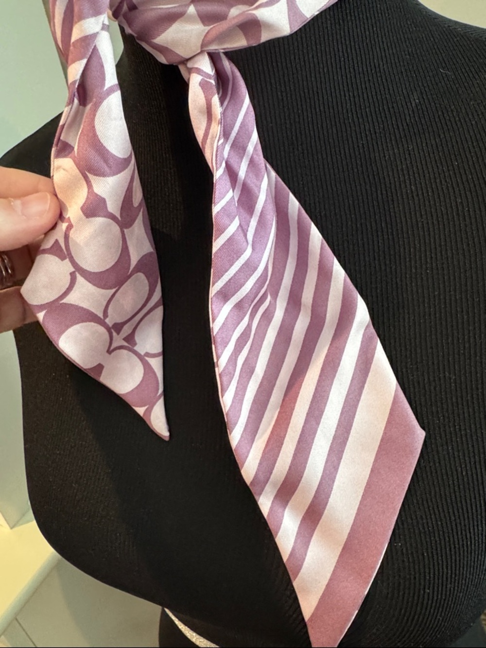 COACH Purple Signature Silk Skinny Scarf- Reversible Stripe & Monogram - Picture 3 of 4